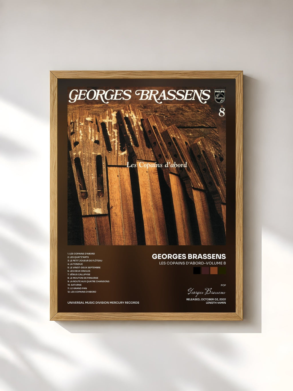 #bois Tableau de l'album Les Copains D'Abord-Volume 8 de Georges Brassens, cadre en bois brut, imprimé et encadré en France