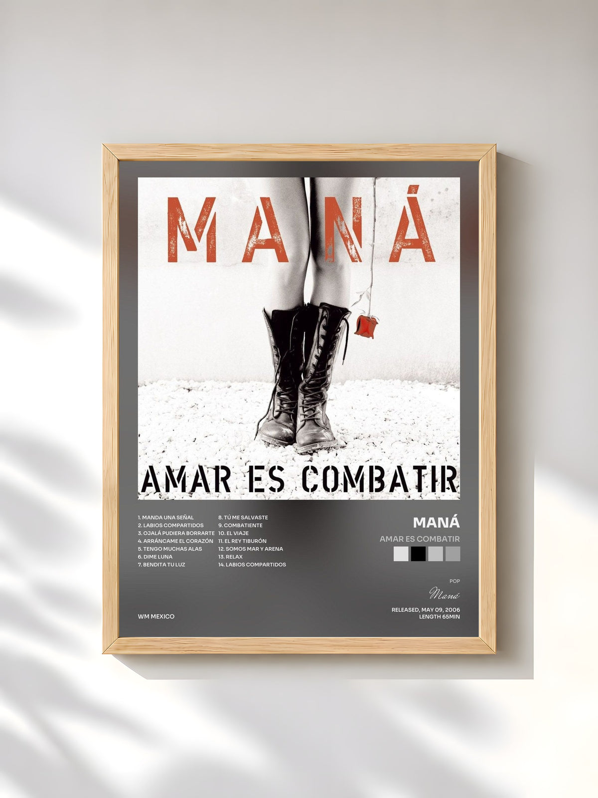 #bois Tableau de l'album Amar Es Combatir de Maná, cadre en bois brut, imprimé et encadré en France
