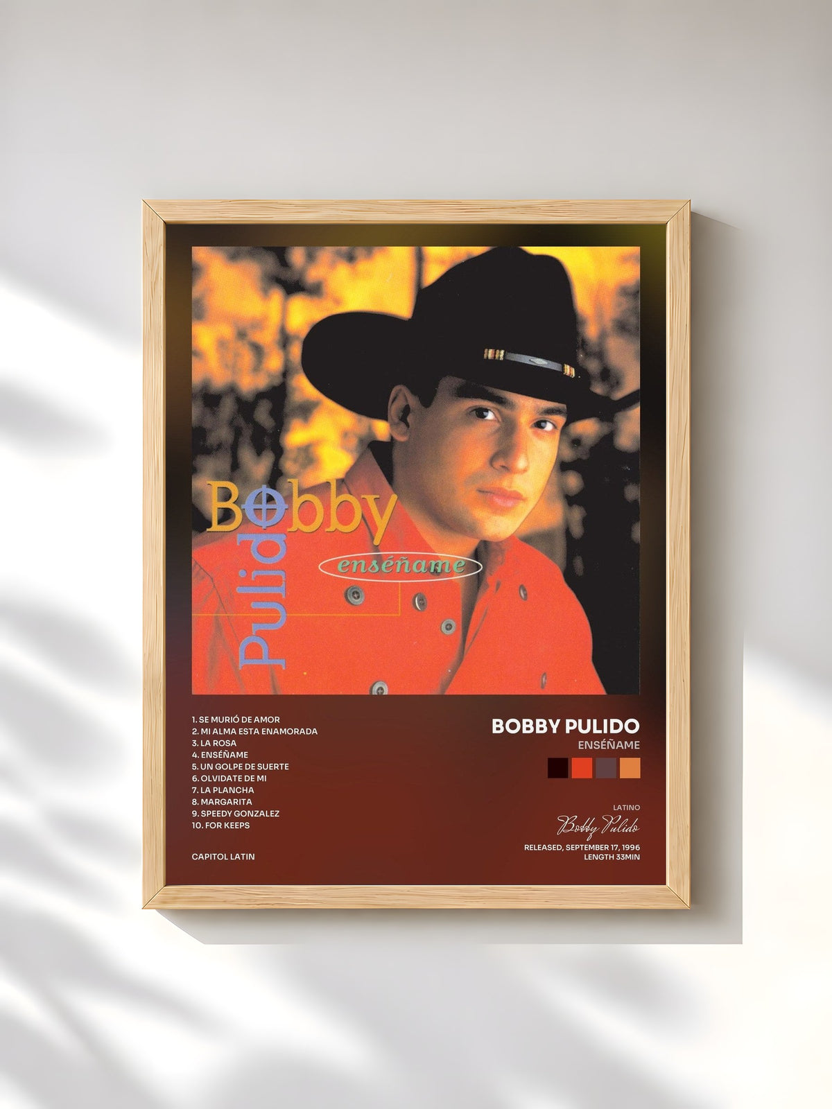 #bois Tableau de l'album Enséñame de Bobby Pulido, cadre en bois brut, imprimé et encadré en France