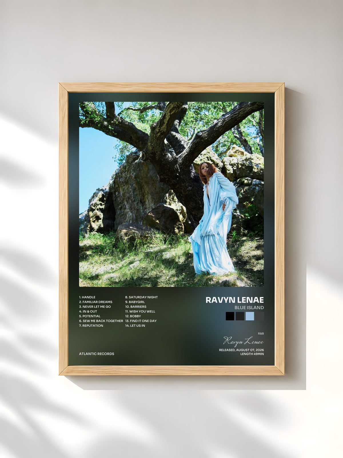 #bois Tableau de l'album Blue Island de Ravyn Lenae, cadre en bois brut, imprimé et encadré en France