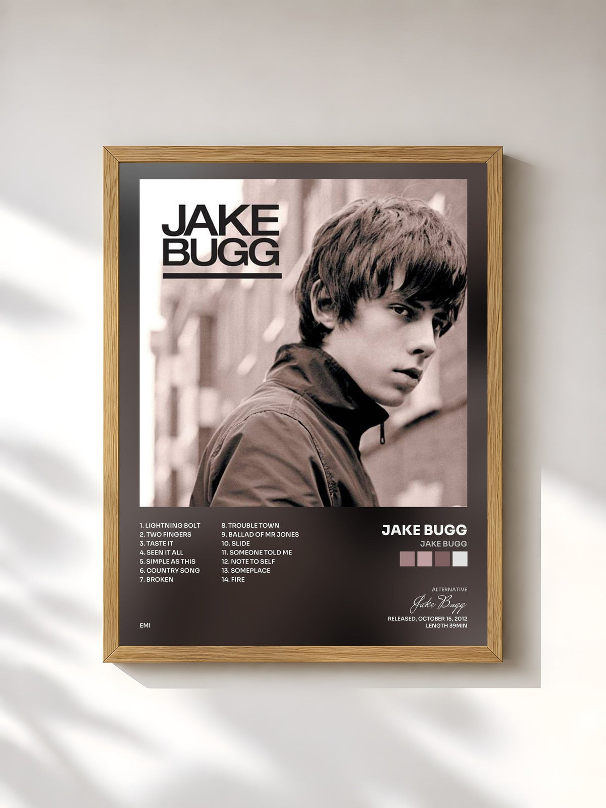 #bois Tableau de l'album Jake Bugg de Jake Bugg, cadre en bois brut, imprimé et encadré en France