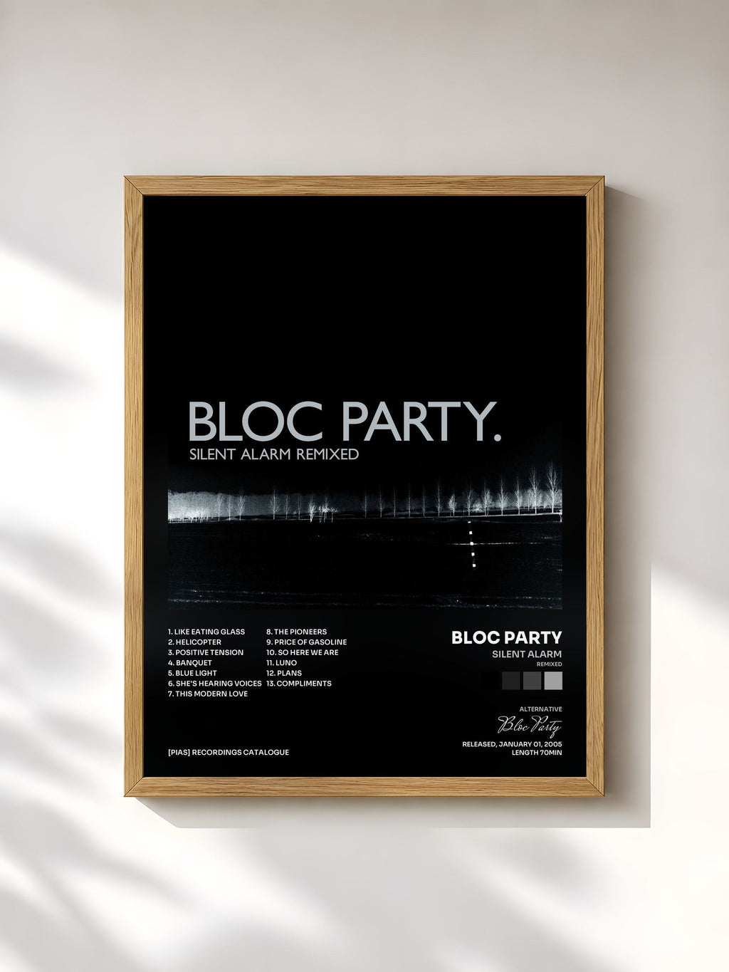 #bois Tableau de l'album Silent Alarm (Remixed) de Bloc Party, cadre en bois brut, imprimé et encadré en France