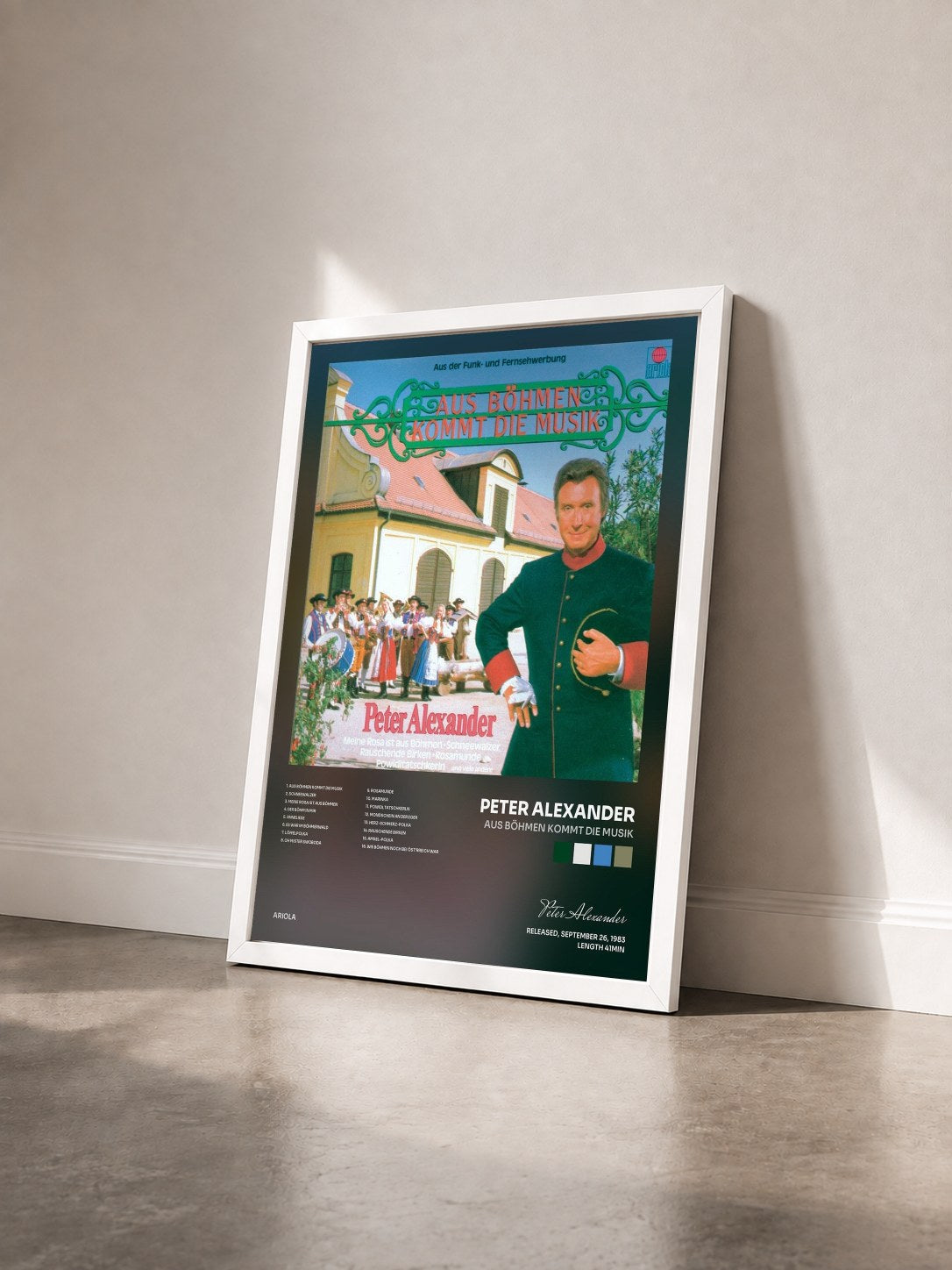 #blanc Tableau de l'album Aus Böhmen kommt die Musik de Peter Alexander vu de trois quarts, cadre blanc