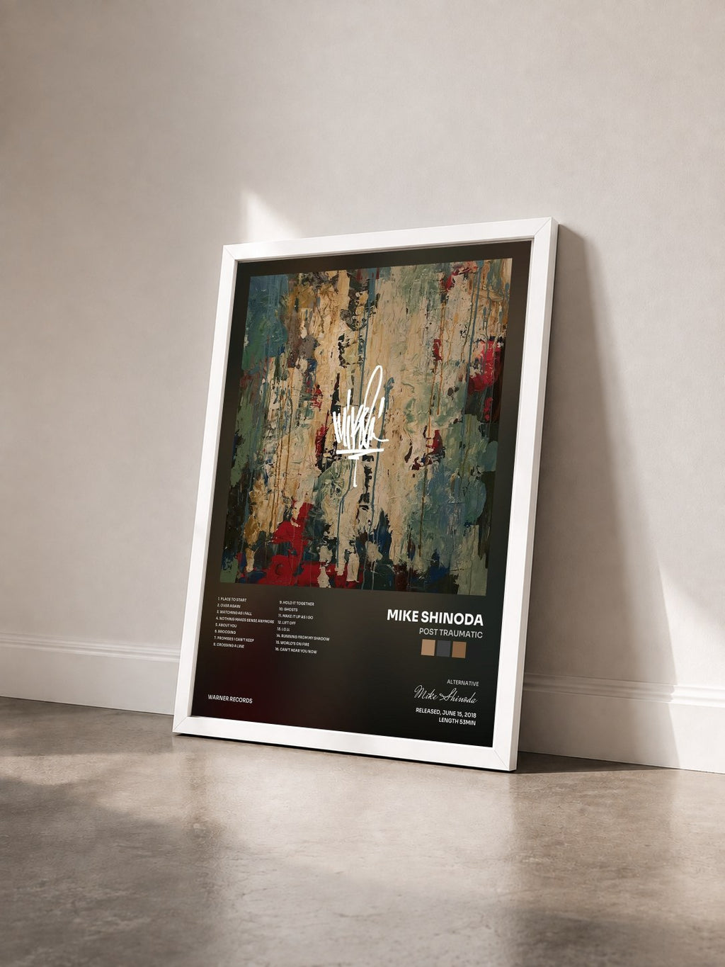 #blanc Tableau de l'album Post Traumatic de Mike Shinoda vu de trois quarts, cadre blanc