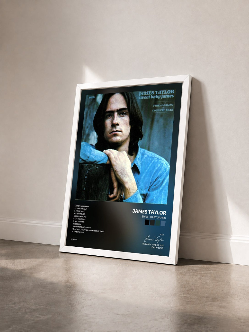 #blanc Tableau de l'album Sweet Baby James de James Taylor vu de trois quarts, cadre blanc
