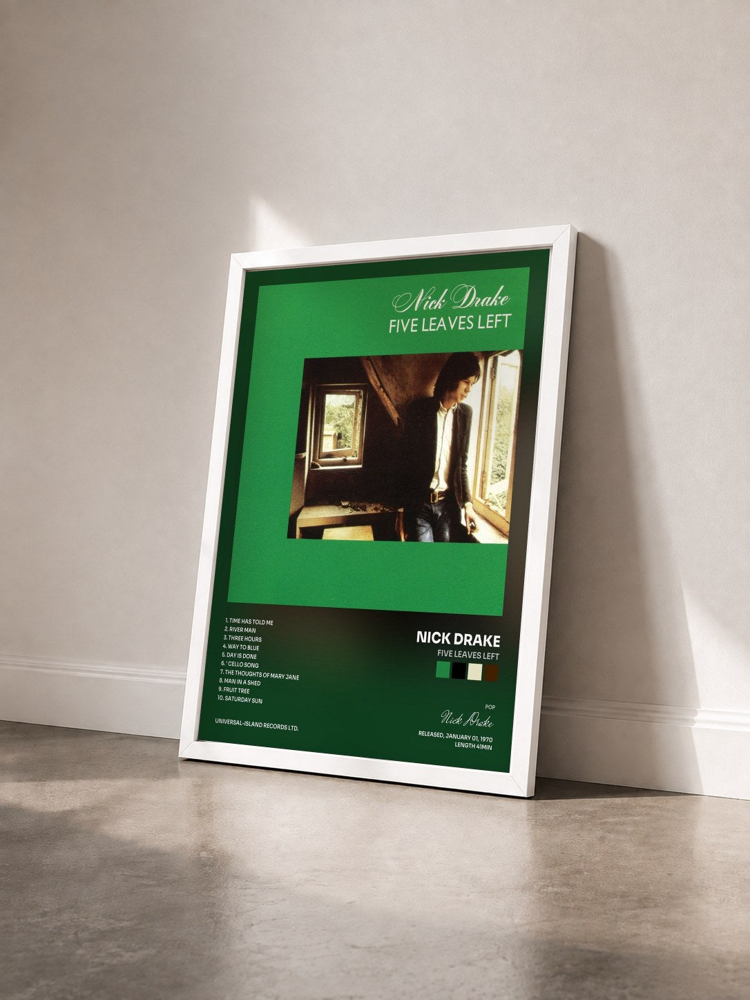 #blanc Tableau de l'album Five Leaves Left de Nick Drake vu de trois quarts, cadre blanc
