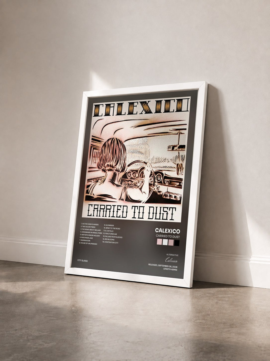 #blanc Tableau de l'album Carried to Dust de Calexico vu de trois quarts, cadre blanc