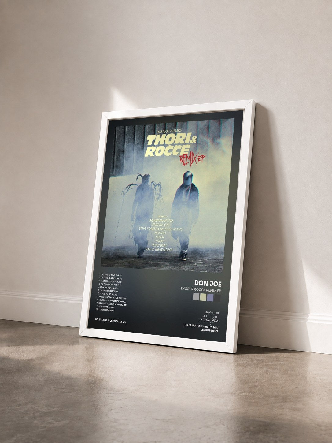 #blanc Tableau de l'album Thori & Rocce Remix EP de Don Joe vu de trois quarts, cadre blanc