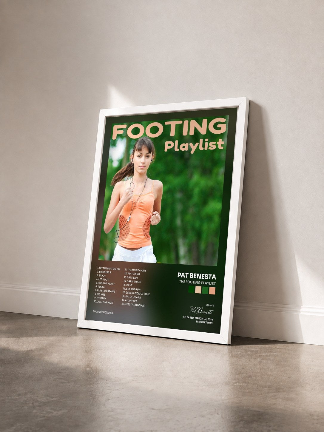 #blanc Tableau de l'album The Footing Playlist de Pat Benesta vu de trois quarts, cadre blanc