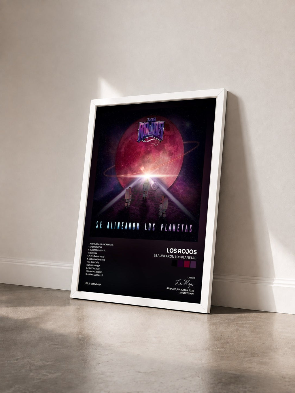 #blanc Tableau de l'album Se Alinearon Los Planetas de Los Rojos vu de trois quarts, cadre blanc
