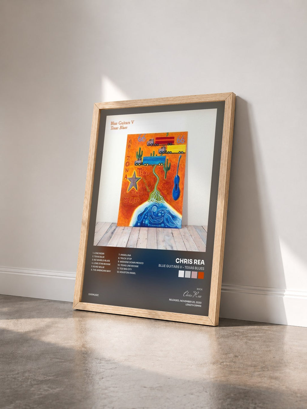 #bois Tableau de l'album Blue Guitars V - Texas Blues de Chris Rea vu de trois quarts, cadre en bois brut