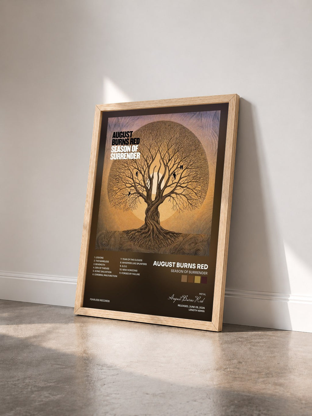 #bois Tableau de l'album Season of Surrender de August Burns Red vu de trois quarts, cadre en bois brut