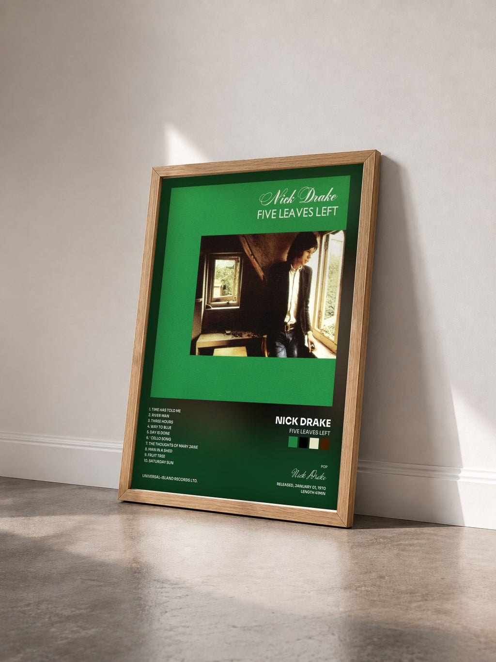 #bois Tableau de l'album Five Leaves Left de Nick Drake vu de trois quarts, cadre en bois brut