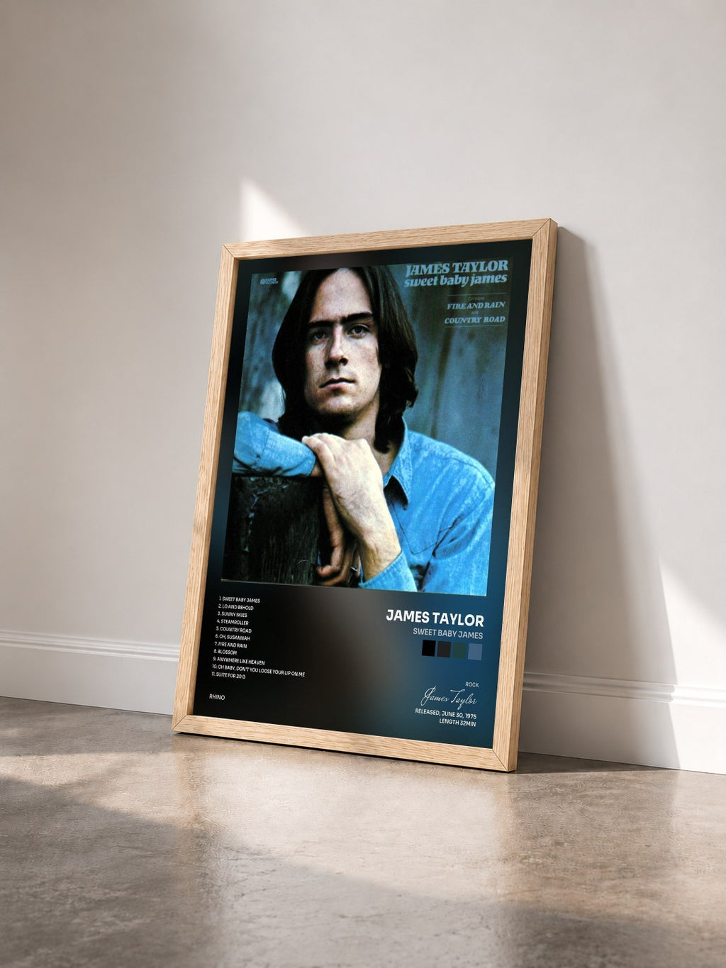 #bois Tableau de l'album Sweet Baby James de James Taylor vu de trois quarts, cadre en bois brut