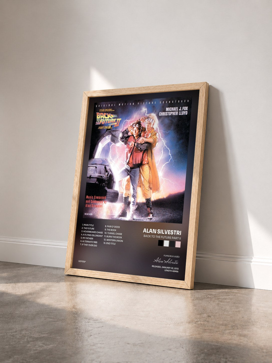 #bois Tableau de l'album Back To The Future Part II de Alan Silvestri vu de trois quarts, cadre en bois brut