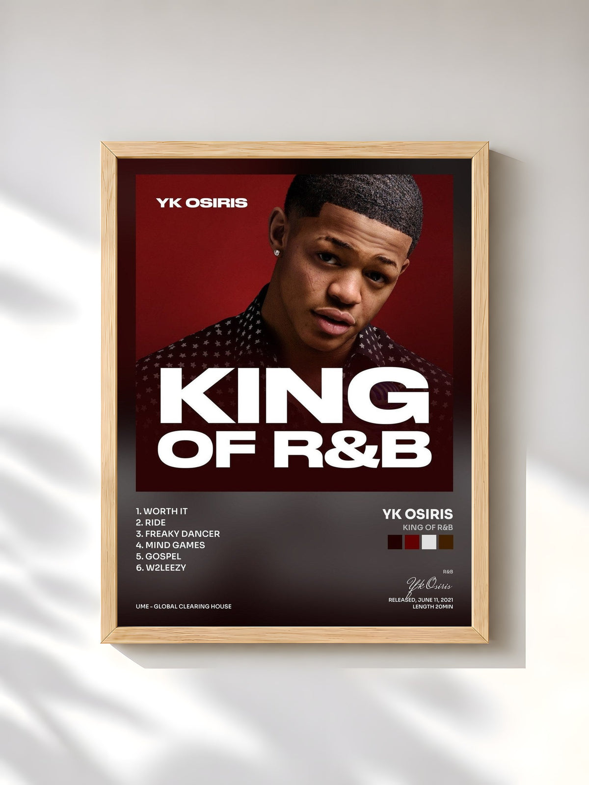 #bois Tableau de l'album King of R&B de Yk Osiris, cadre en bois brut, imprimé et encadré en France