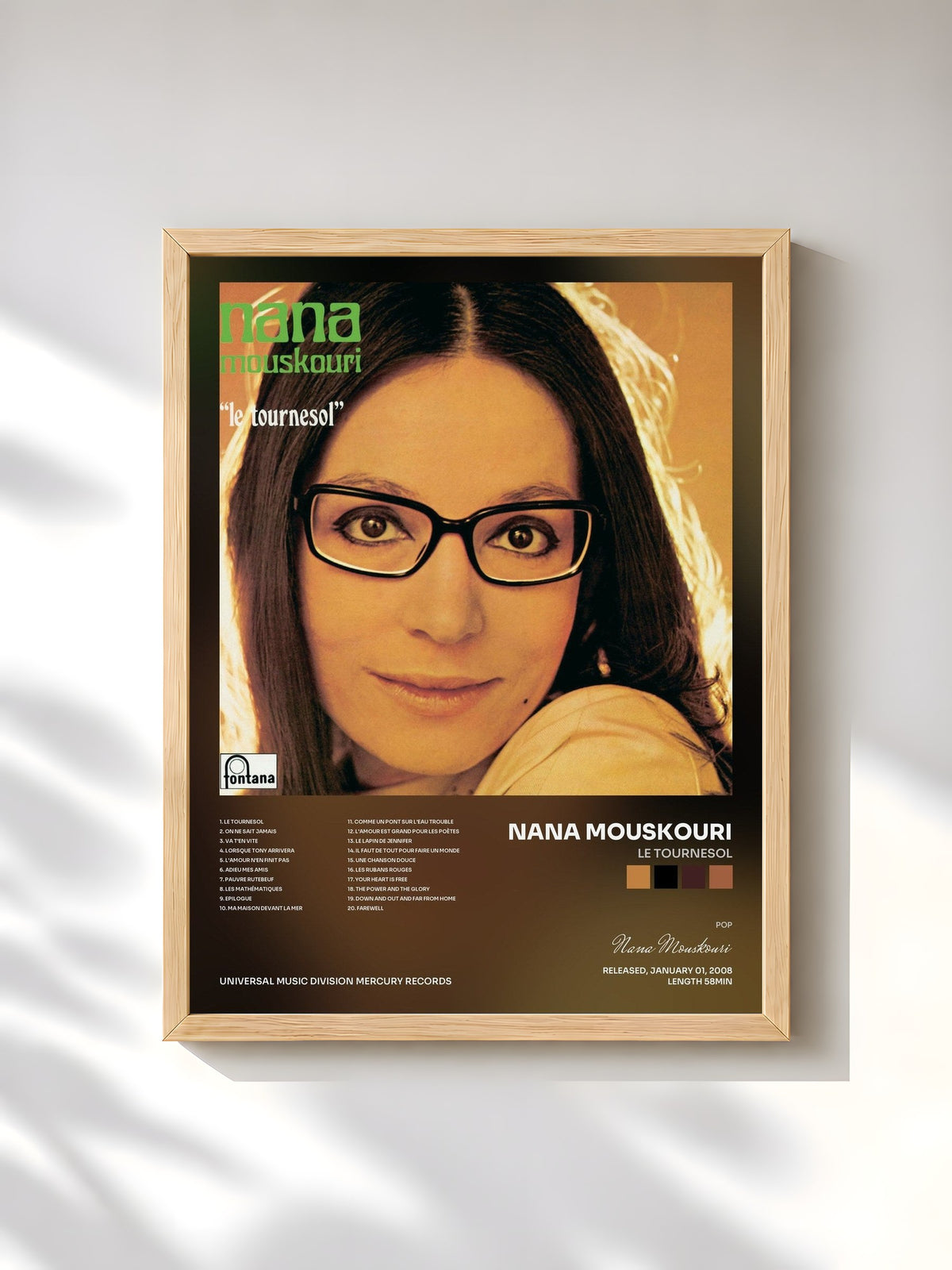 #bois Tableau de l'album Le Tournesol de Nana Mouskouri, cadre en bois brut, imprimé et encadré en France