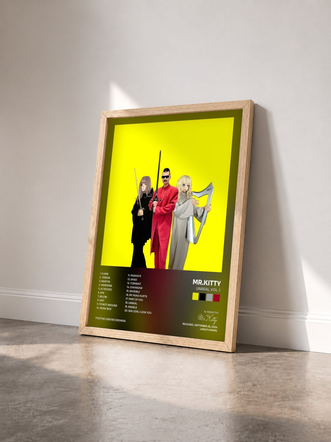 #bois Tableau de l'album Unreal, Vol. 1 de Mr.Kitty vu de trois quarts, cadre en bois brut