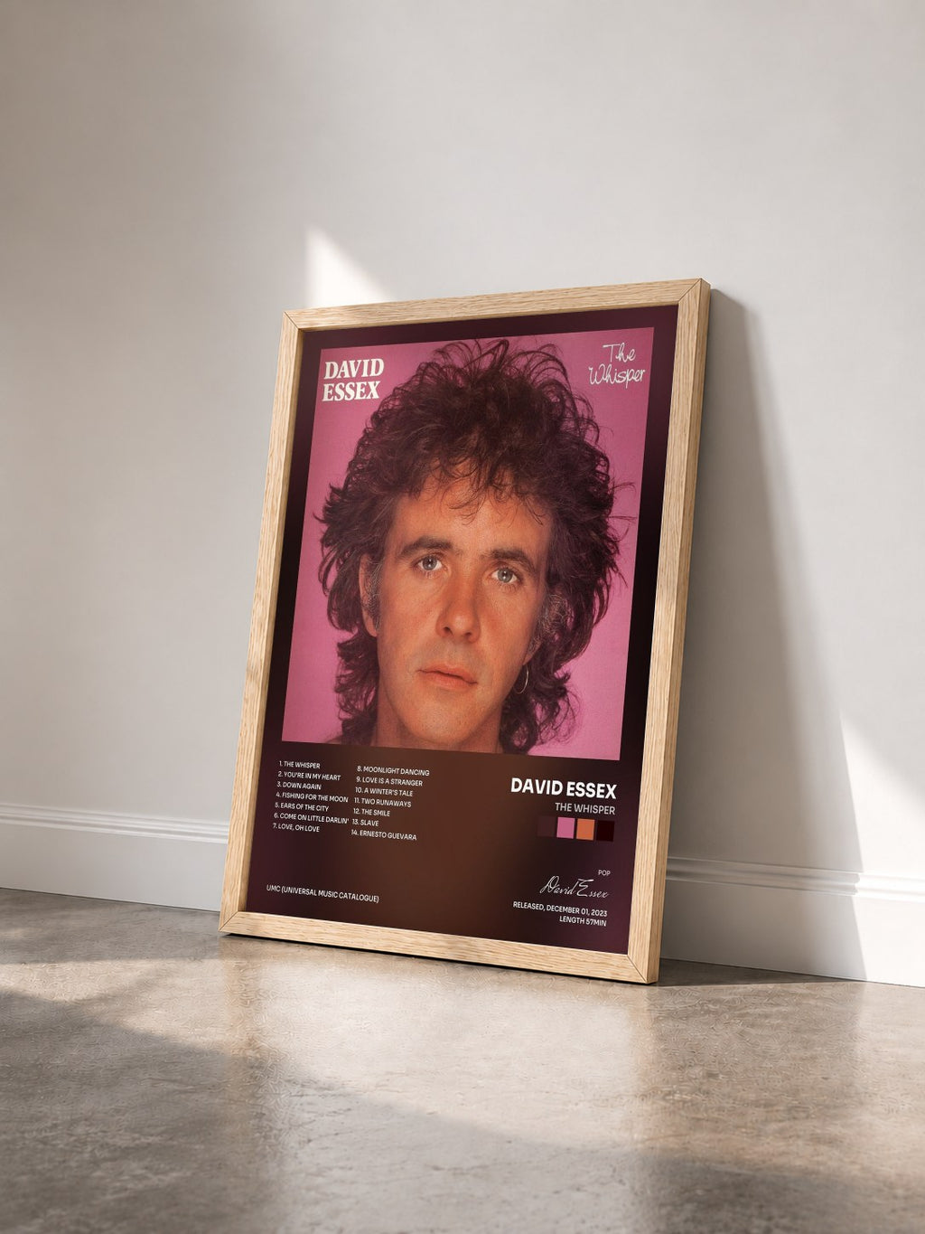 #bois Tableau de l'album The Whisper de David Essex vu de trois quarts, cadre en bois brut