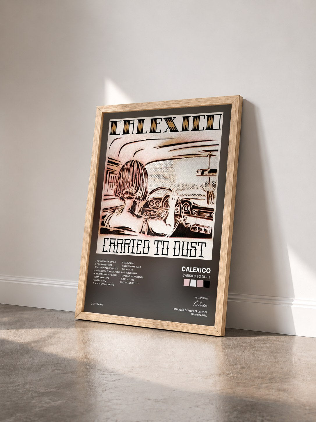 #bois Tableau de l'album Carried to Dust de Calexico vu de trois quarts, cadre en bois brut