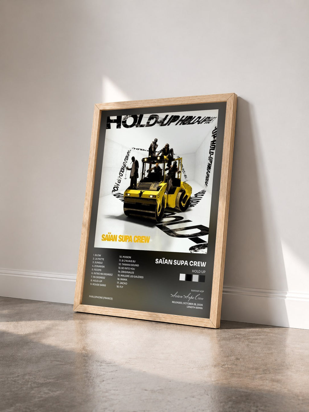 #bois Tableau de l'album Hold Up de Saïan Supa Crew vu de trois quarts, cadre en bois brut