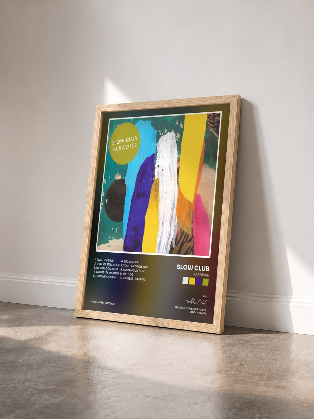 #bois Tableau de l'album Paradise de Slow Club vu de trois quarts, cadre en bois brut