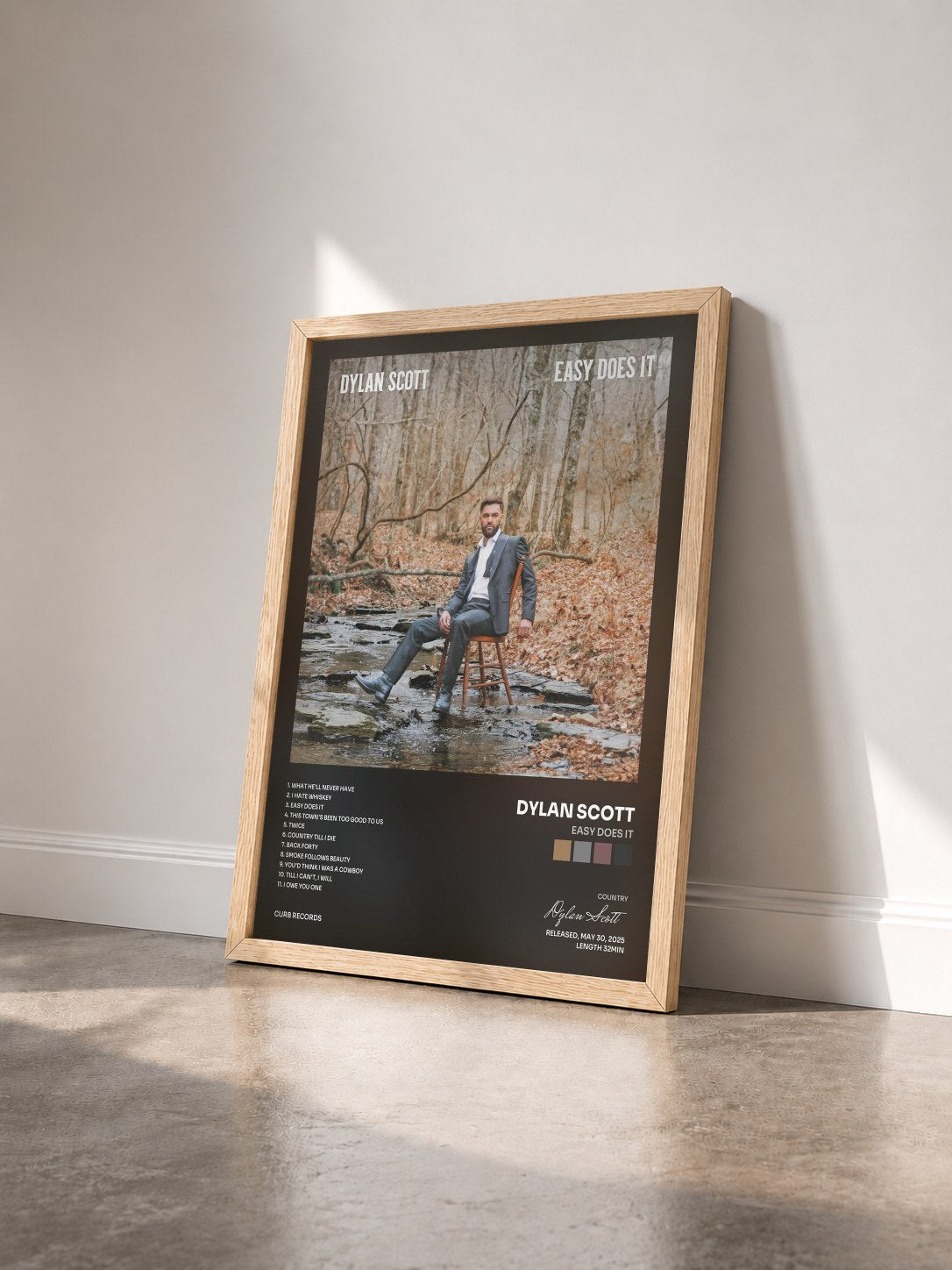 #bois Tableau de l'album Easy Does It de Dylan Scott vu de trois quarts, cadre en bois brut
