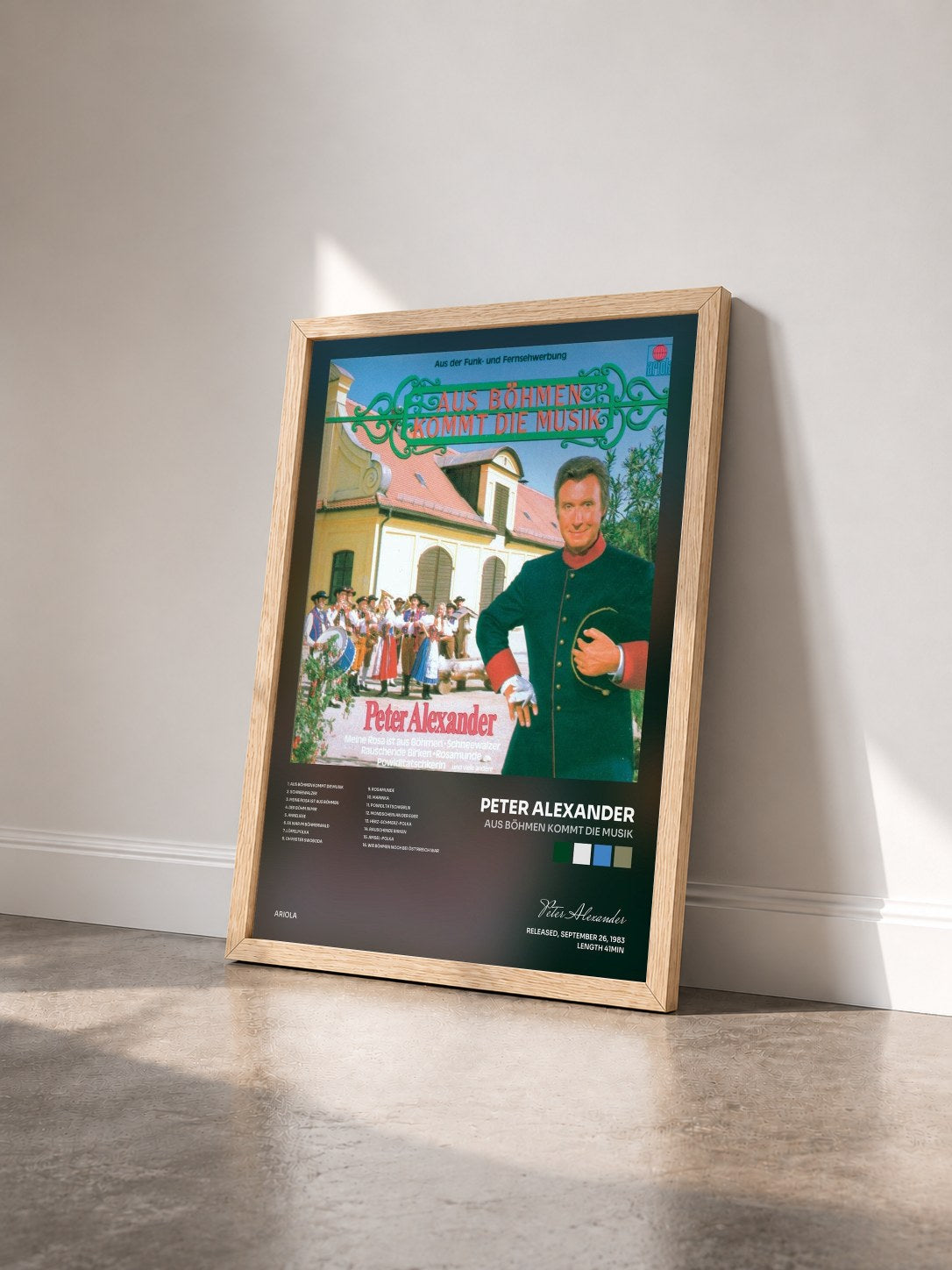 #bois Tableau de l'album Aus Böhmen kommt die Musik de Peter Alexander vu de trois quarts, cadre en bois brut