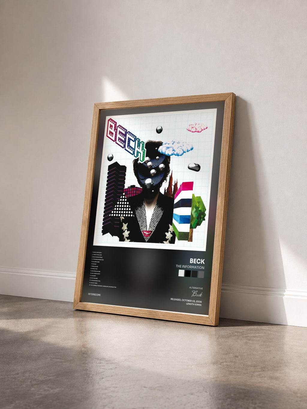 #bois Tableau de l'album The Information de Beck vu de trois quarts, cadre en bois brut