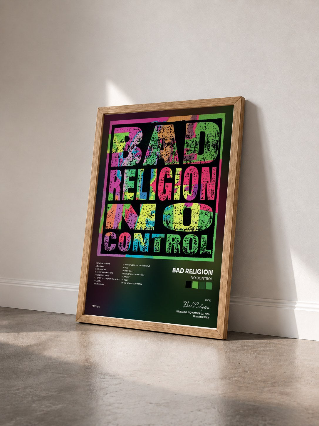 #bois Tableau de l'album No Control de Bad Religion vu de trois quarts, cadre en bois brut