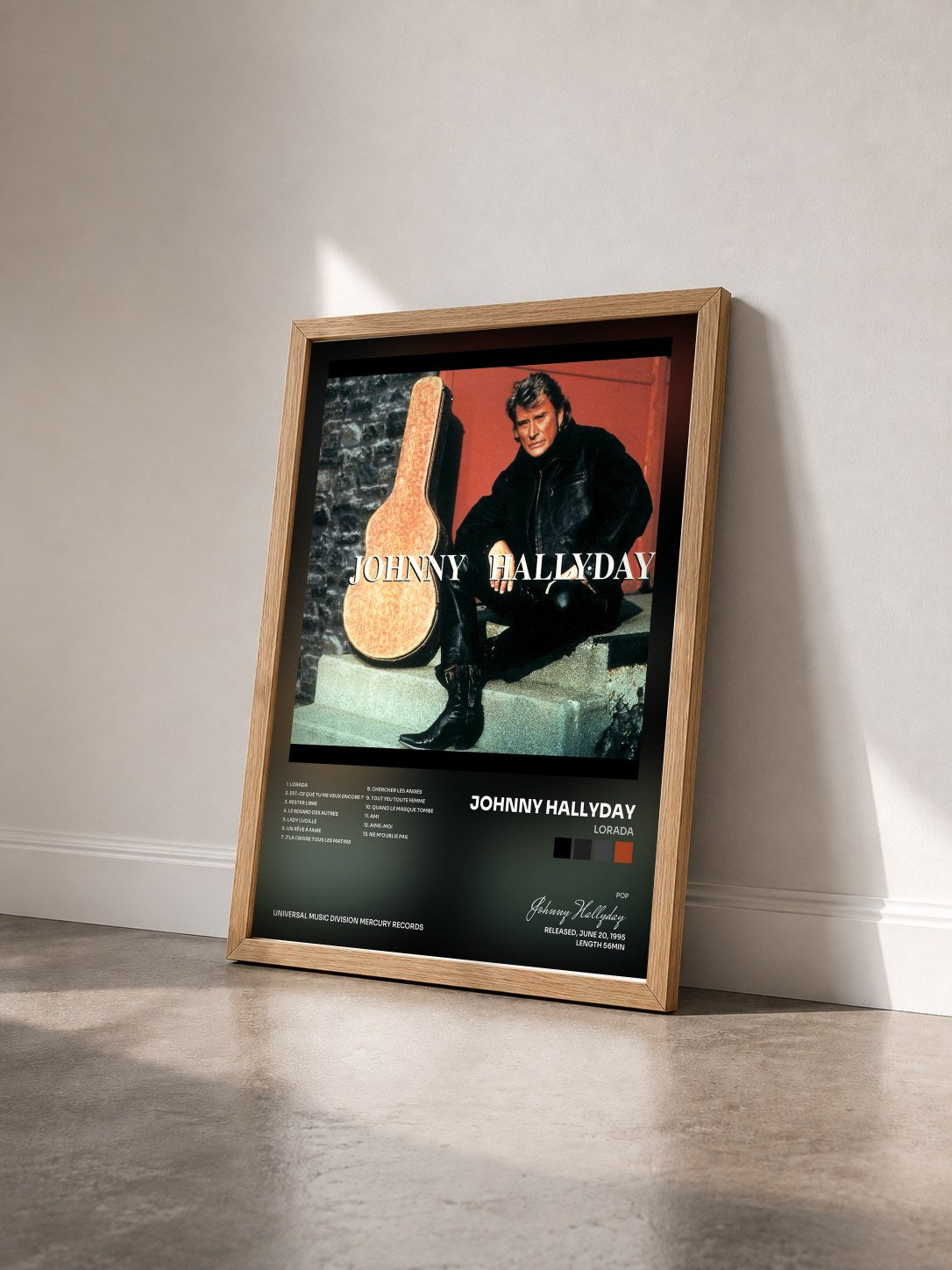 #bois Tableau de l'album Lorada de Johnny Hallyday vu de trois quarts, cadre en bois brut
