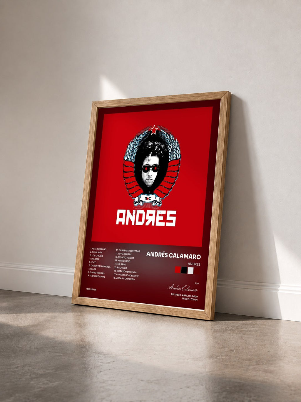 #bois Tableau de l'album Andres de Andrés Calamaro vu de trois quarts, cadre en bois brut