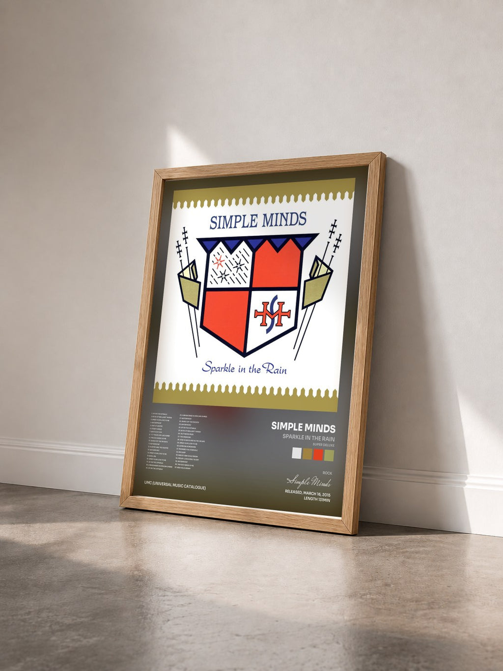 #bois Tableau de l'album Sparkle In The Rain (Super Deluxe) de Simple Minds vu de trois quarts, cadre en bois brut