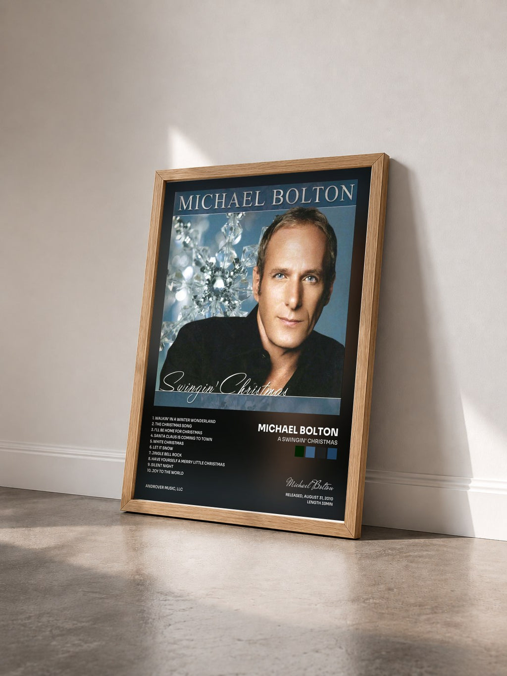 #bois Tableau de l'album A Swingin' Christmas de Michael Bolton vu de trois quarts, cadre en bois brut