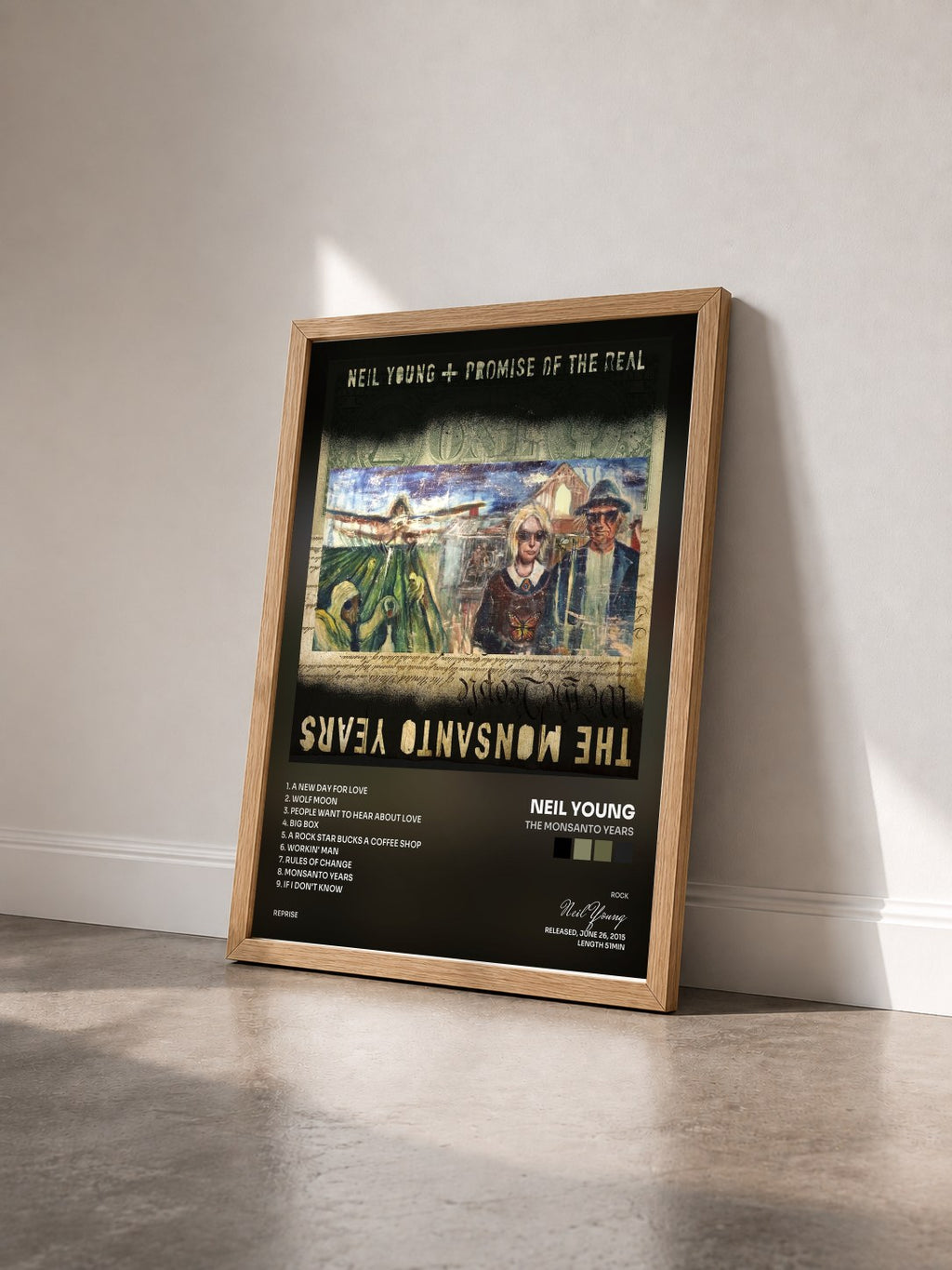 #bois Tableau de l'album The Monsanto Years de Neil Young vu de trois quarts, cadre en bois brut