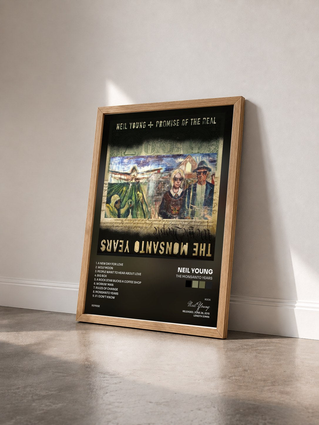 #bois Tableau de l'album The Monsanto Years de Neil Young vu de trois quarts, cadre en bois brut