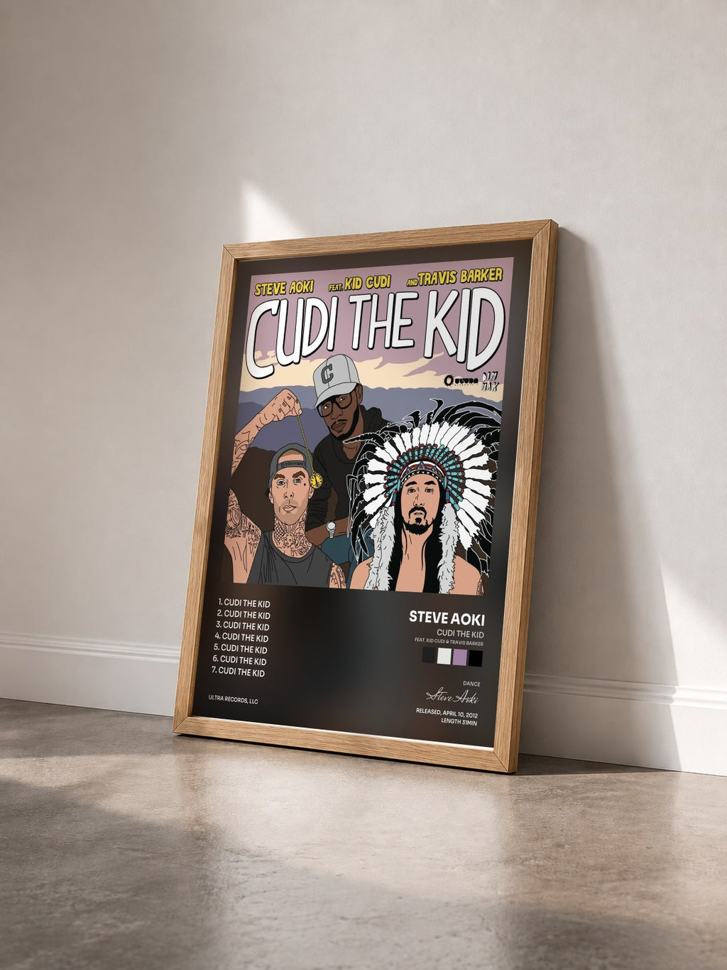 #bois Tableau de l'album Cudi The Kid (feat. Kid Cudi & Travis Barker) de Steve Aoki vu de trois quarts, cadre en bois brut