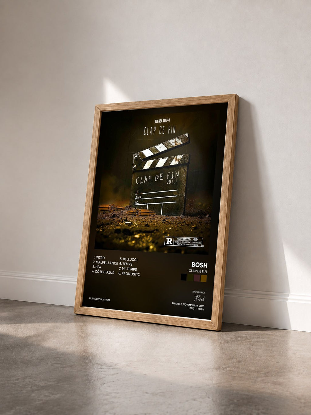 #bois Tableau de l'album Clap de fin de Bosh vu de trois quarts, cadre en bois brut