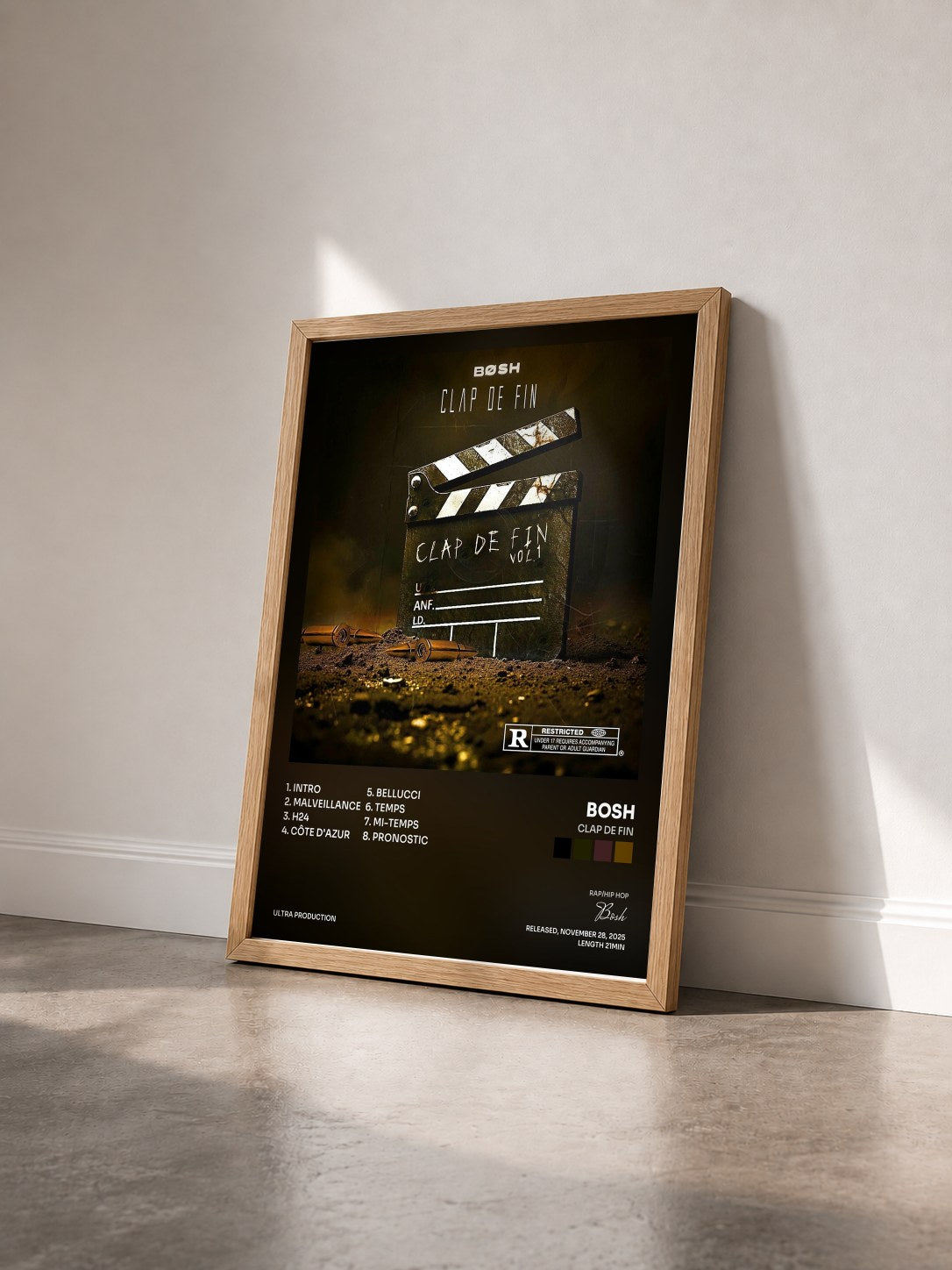 #bois Tableau de l'album Clap de fin de Bosh vu de trois quarts, cadre en bois brut