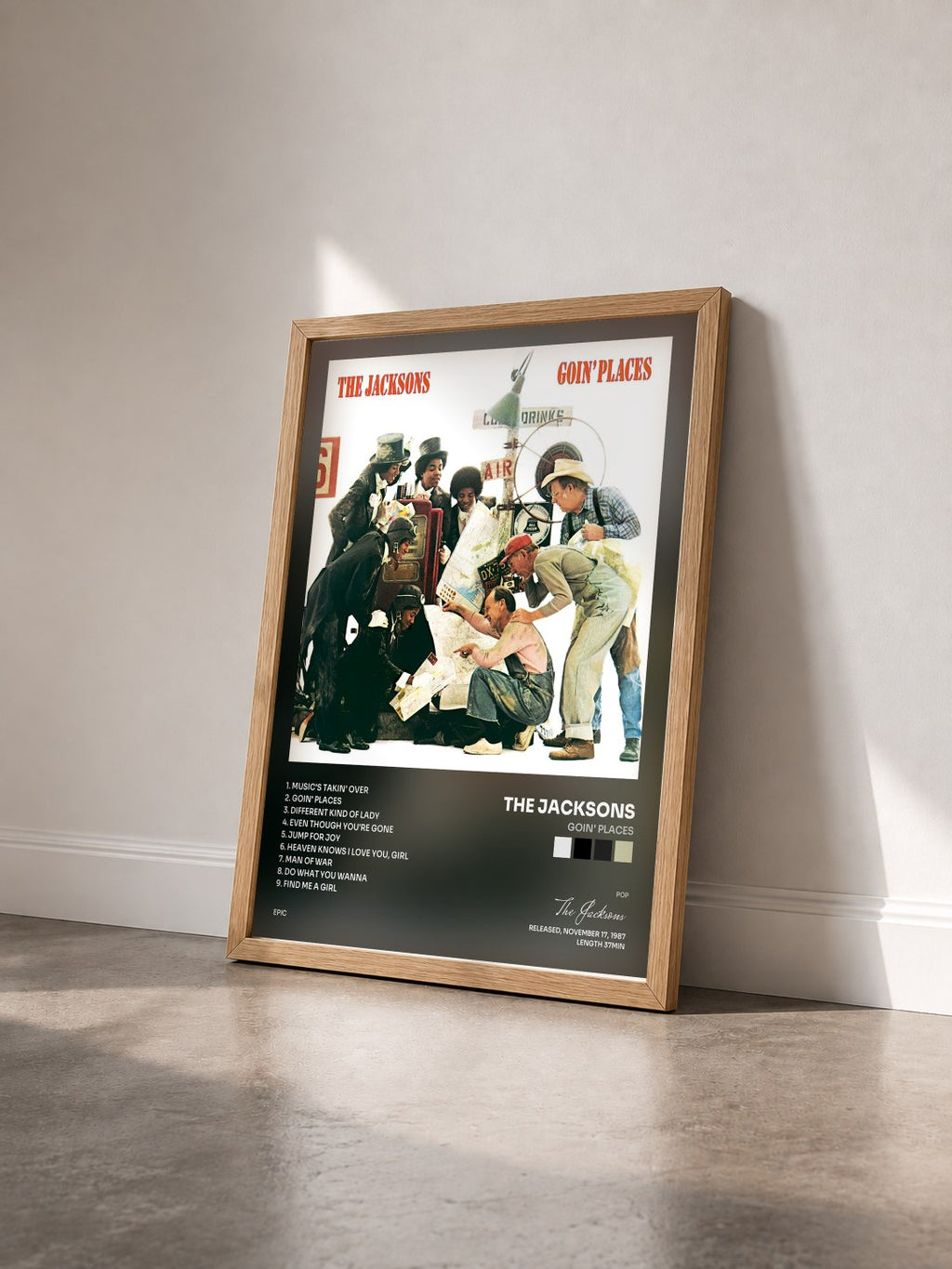 #bois Tableau de l'album Goin' Places de The Jacksons vu de trois quarts, cadre en bois brut