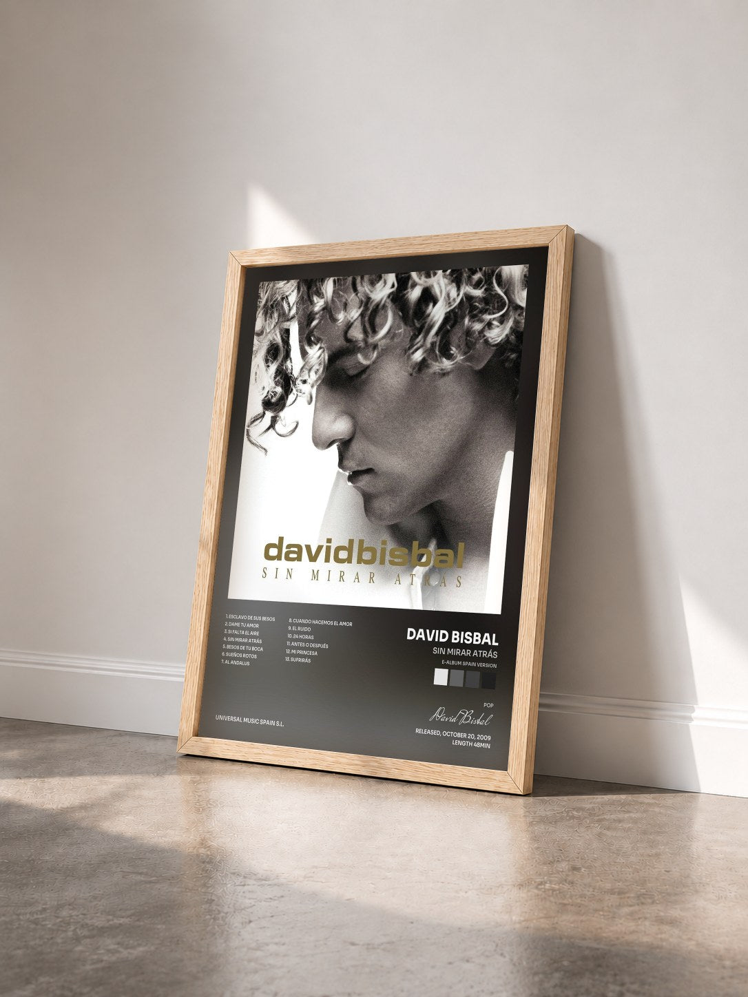#bois Tableau de l'album Sin Mirar Atrás (E-Album Spain Version) de David Bisbal vu de trois quarts, cadre en bois brut
