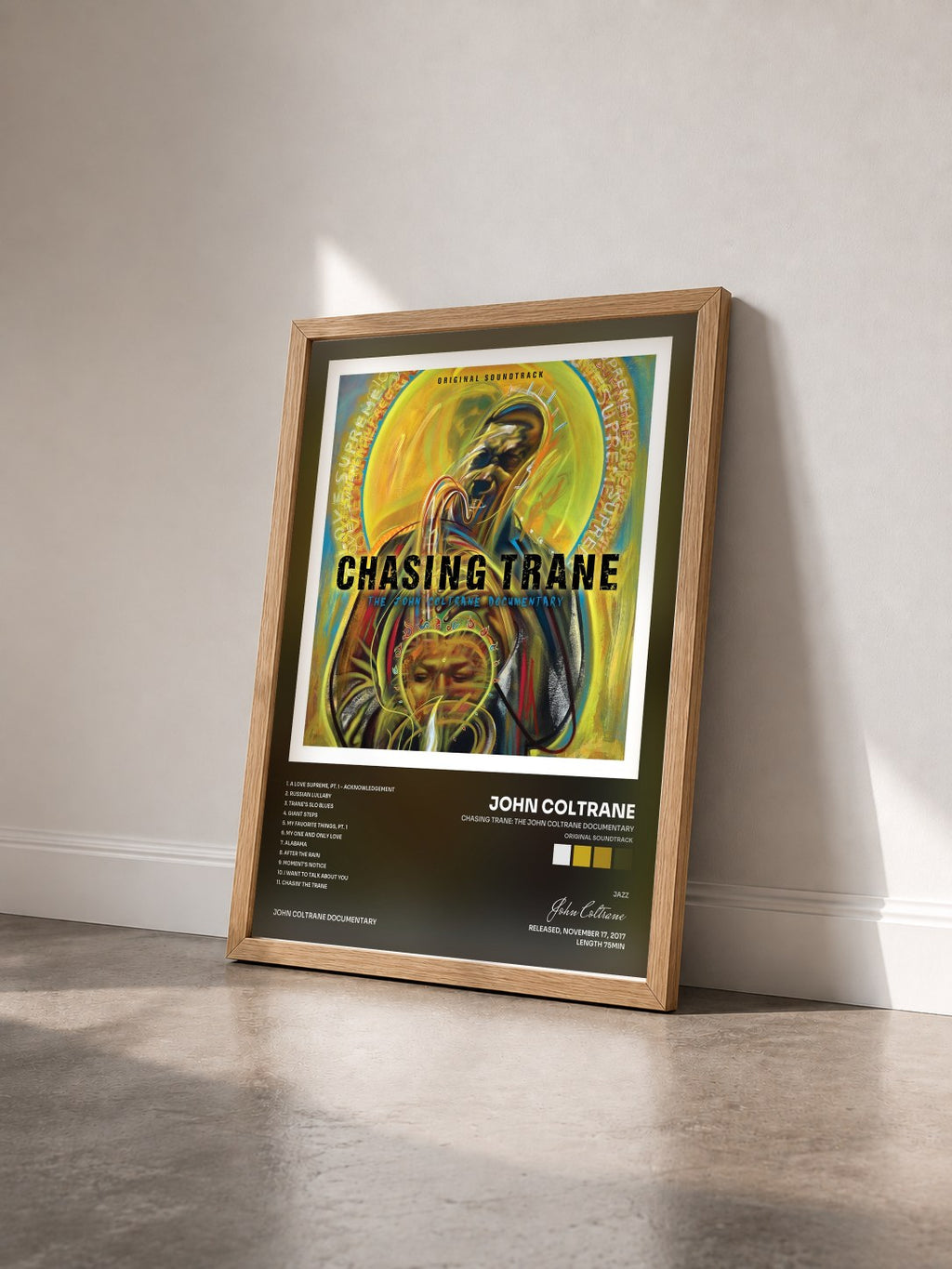 #bois Tableau de l'album Chasing Trane: The John Coltrane Documentary (Original Soundtrack) de John Coltrane vu de trois quarts, cadre en bois brut