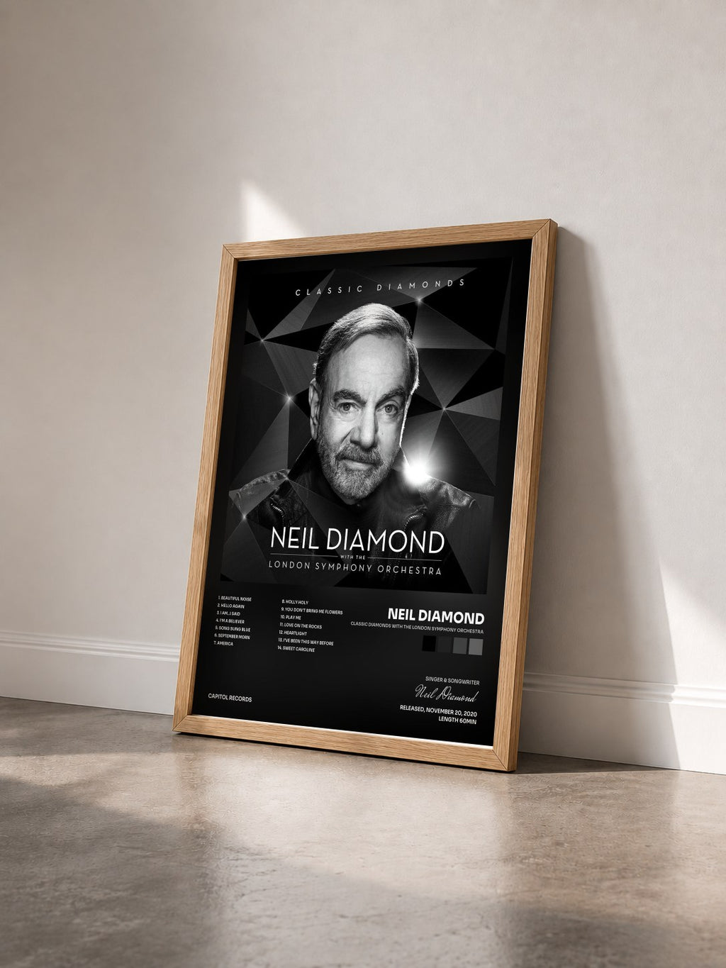 #bois Tableau de l'album Classic Diamonds With The London Symphony Orchestra de Neil Diamond vu de trois quarts, cadre en bois brut