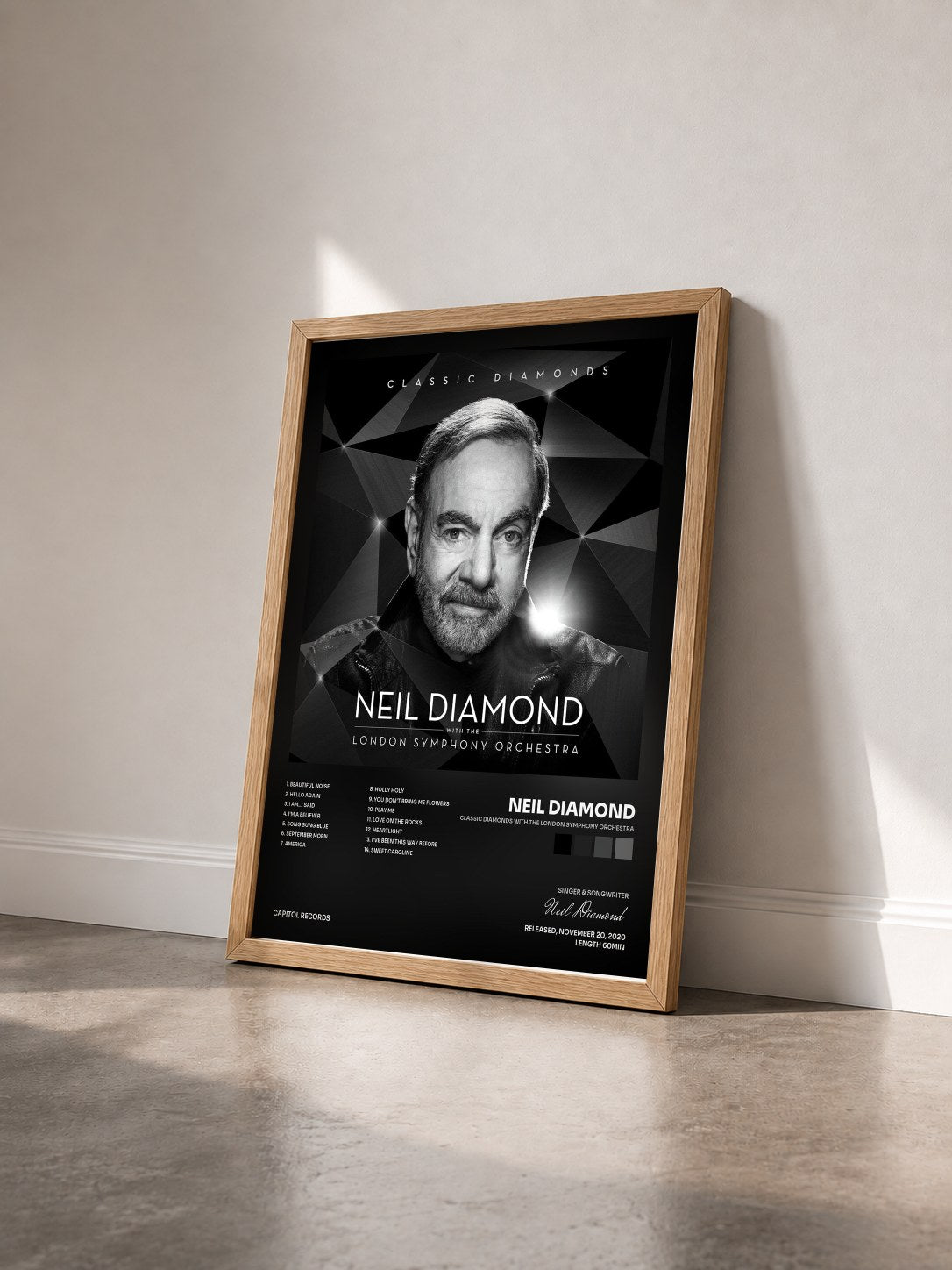 #bois Tableau de l'album Classic Diamonds With The London Symphony Orchestra de Neil Diamond vu de trois quarts, cadre en bois brut