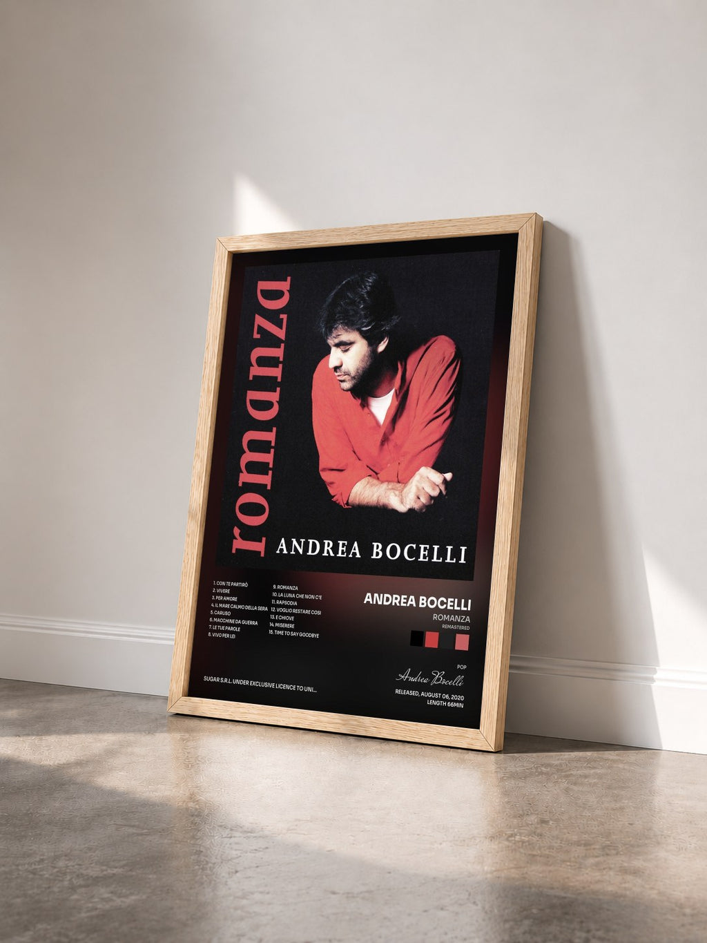 #bois Tableau de l'album Romanza (Remastered) de Andrea Bocelli vu de trois quarts, cadre en bois brut