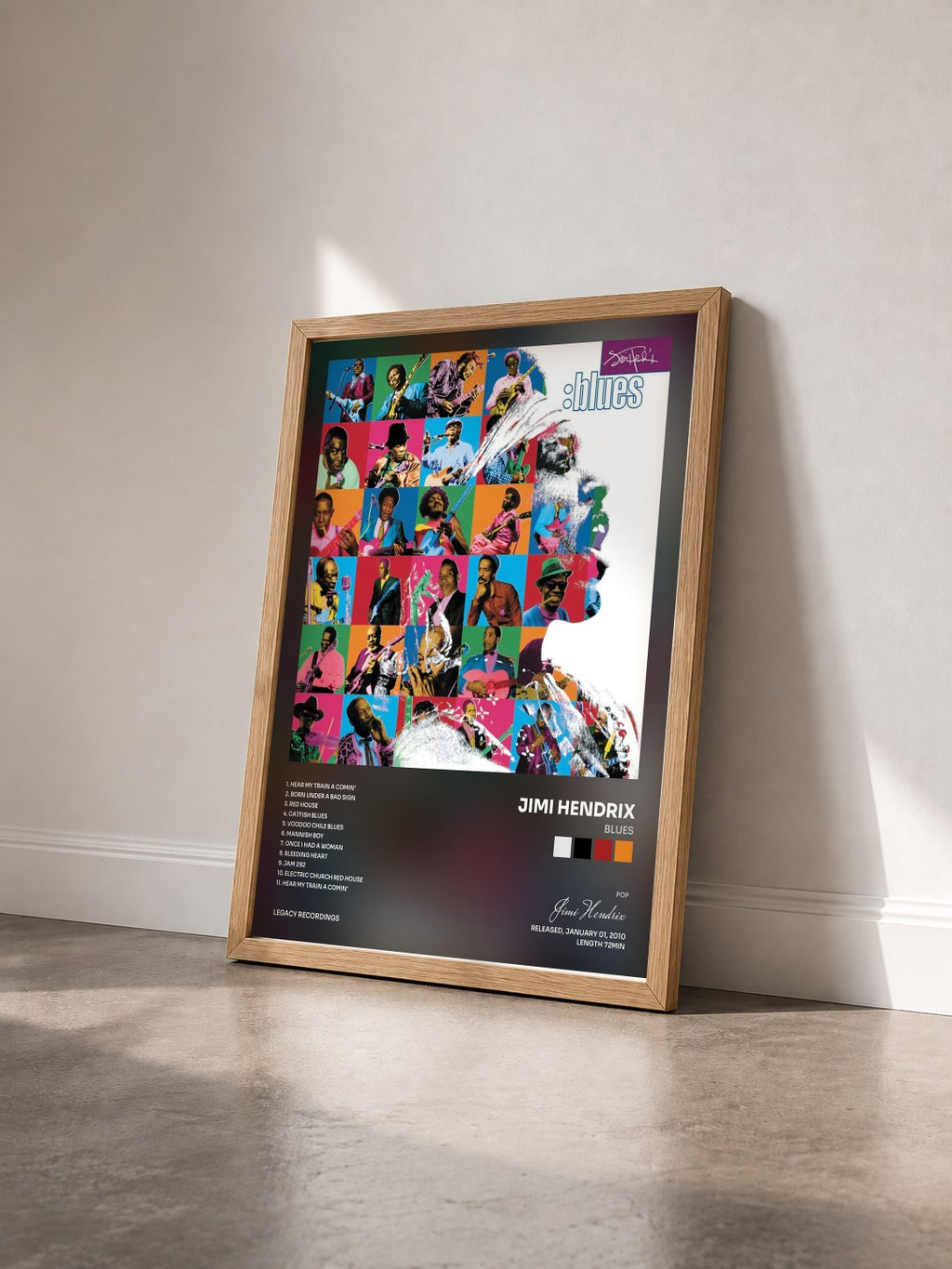 #bois Tableau de l'album Blues de Jimi Hendrix vu de trois quarts, cadre en bois brut