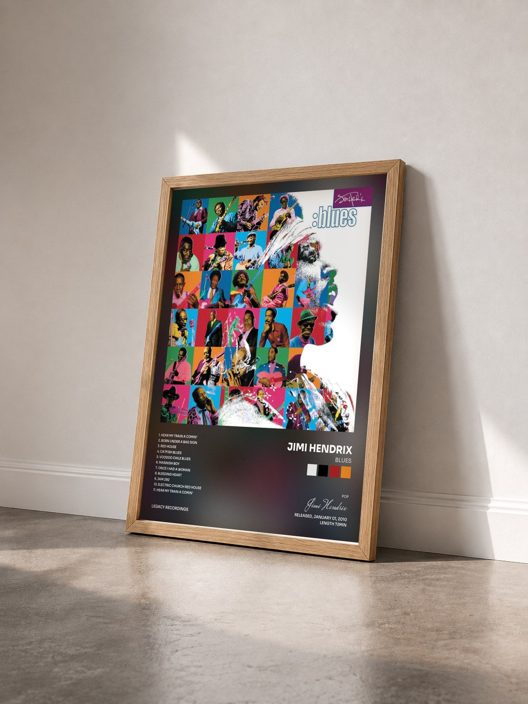 #bois Tableau de l'album Blues de Jimi Hendrix vu de trois quarts, cadre en bois brut