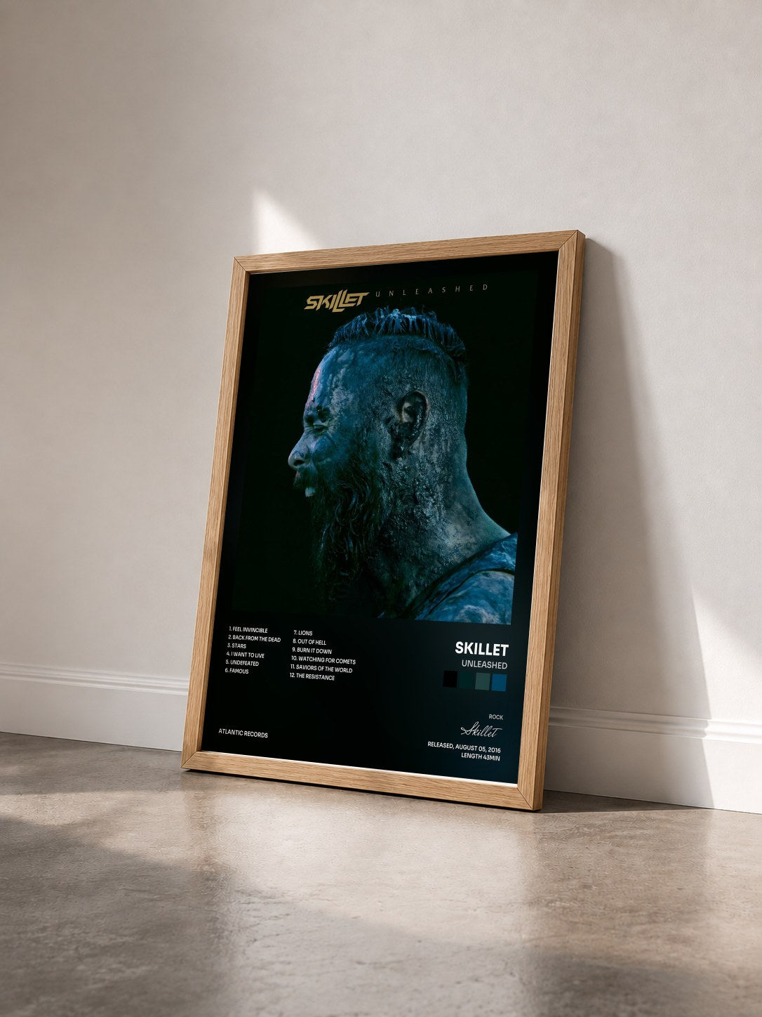 #bois Tableau de l'album Unleashed de Skillet vu de trois quarts, cadre en bois brut