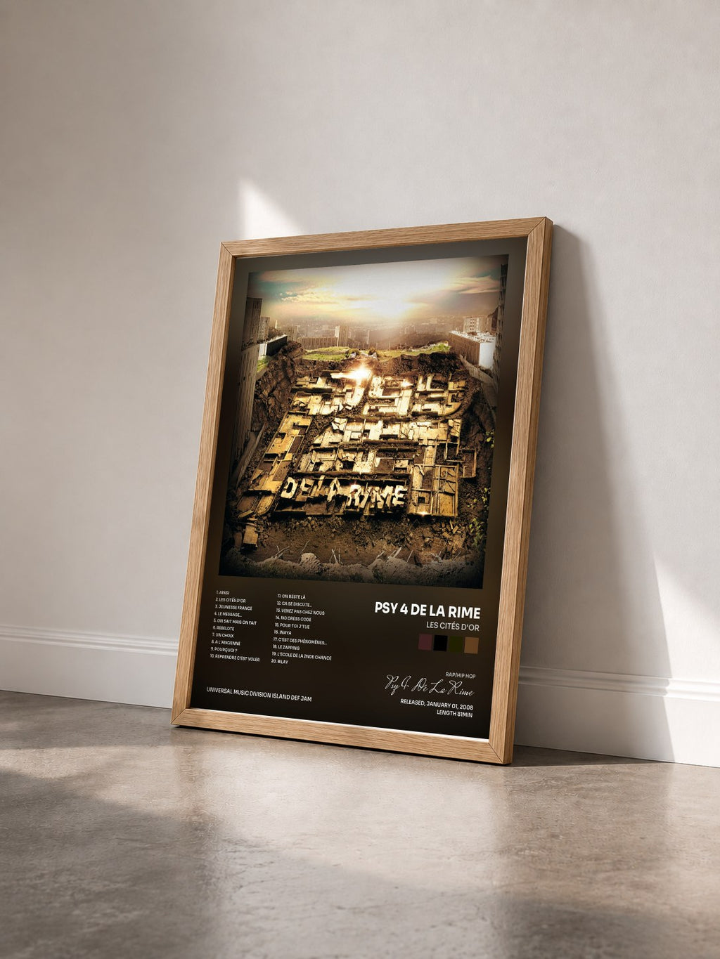 #bois Tableau de l'album Les Cités D'Or de Psy 4 De La Rime vu de trois quarts, cadre en bois brut