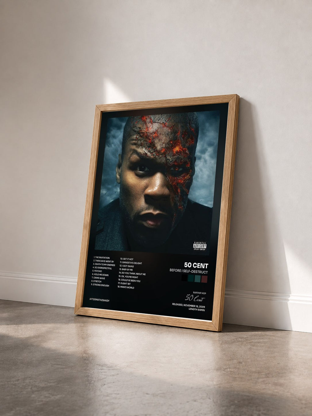 #bois Tableau de l'album Before I Self-Destruct de 50 Cent vu de trois quarts, cadre en bois brut